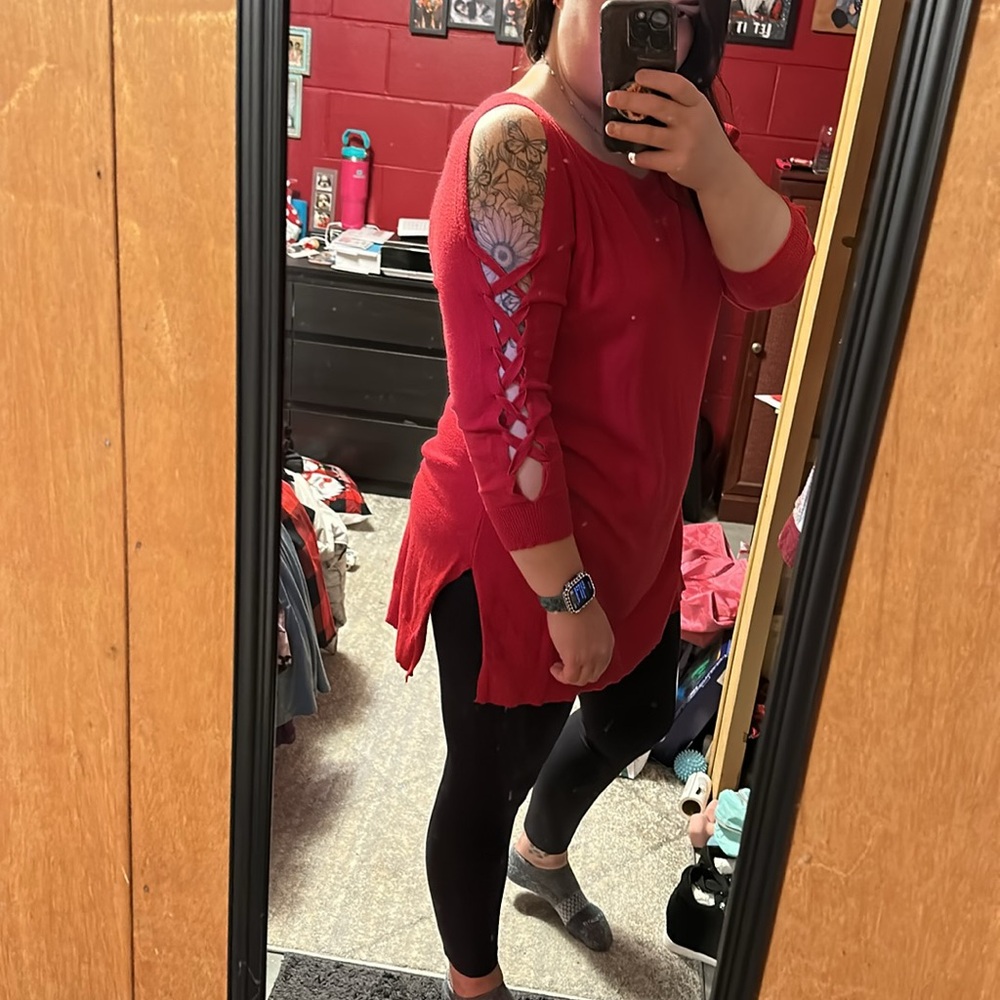 Red Tunic Cold shoulder sweater